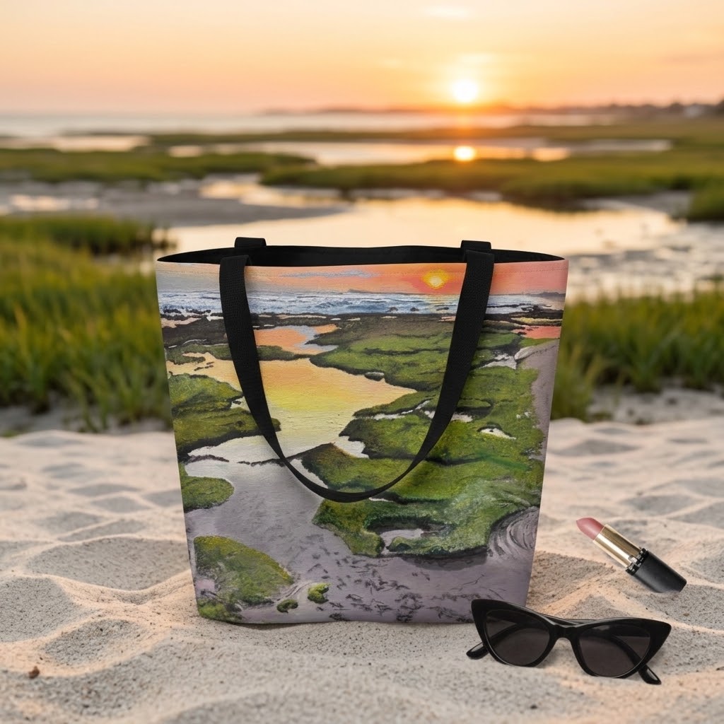 Bolso de mano grande con estampado de puesta de sol en la playa, impresión artística original