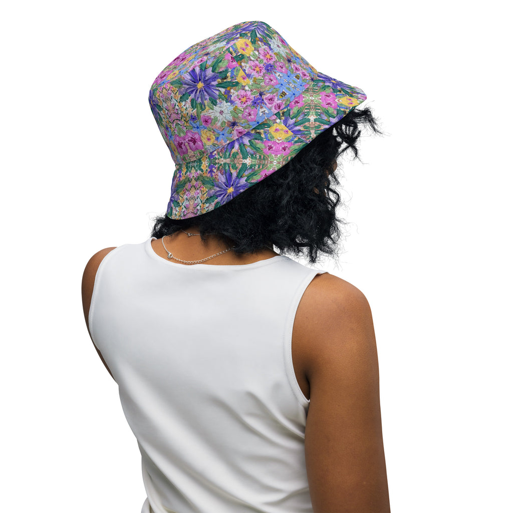 Floral art reversible bucket hat featuring a colourful flower design by Pure Art Moments inside back