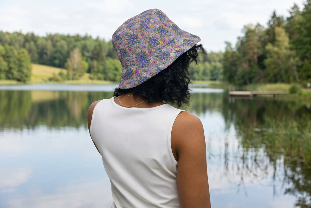 Floral art reversible bucket hat featuring a colourful flower design by Pure Art Moments back