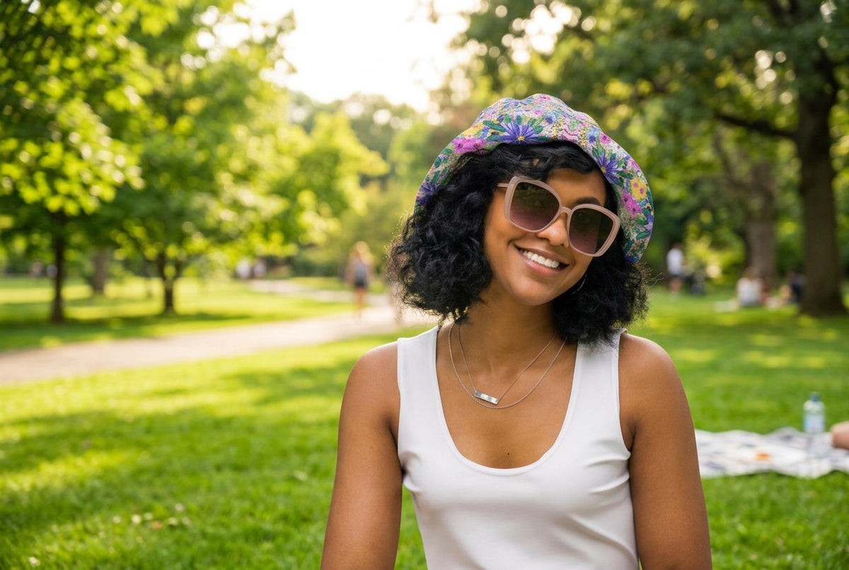 Floral art reversible bucket hat featuring a colourful flower design by Pure Art Moments front