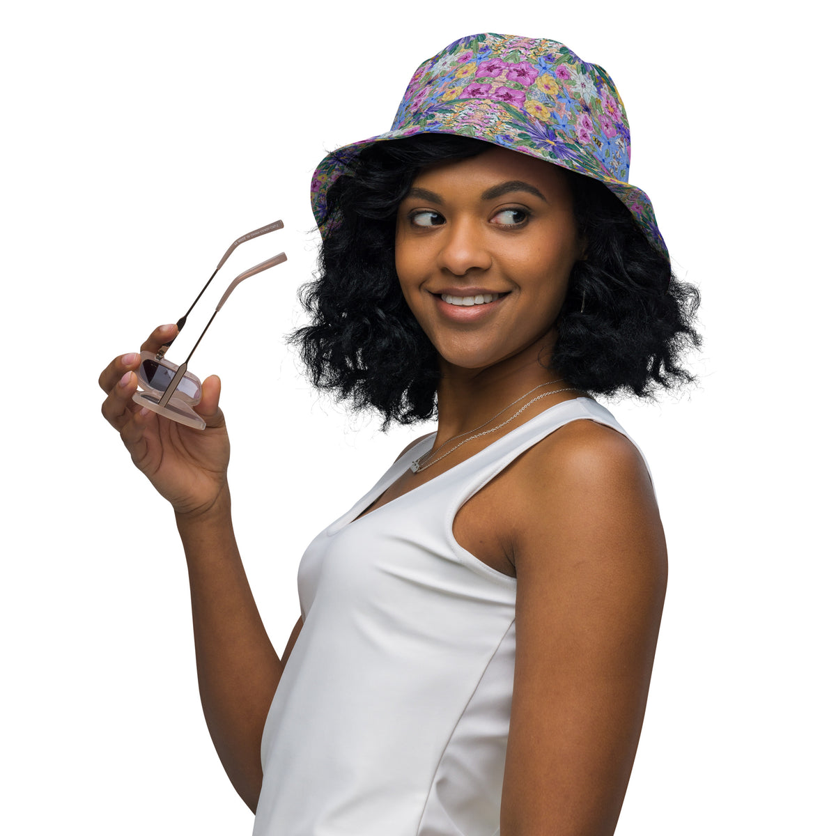 Floral art reversible bucket hat featuring a colourful flower design by Pure Art Moments inside front