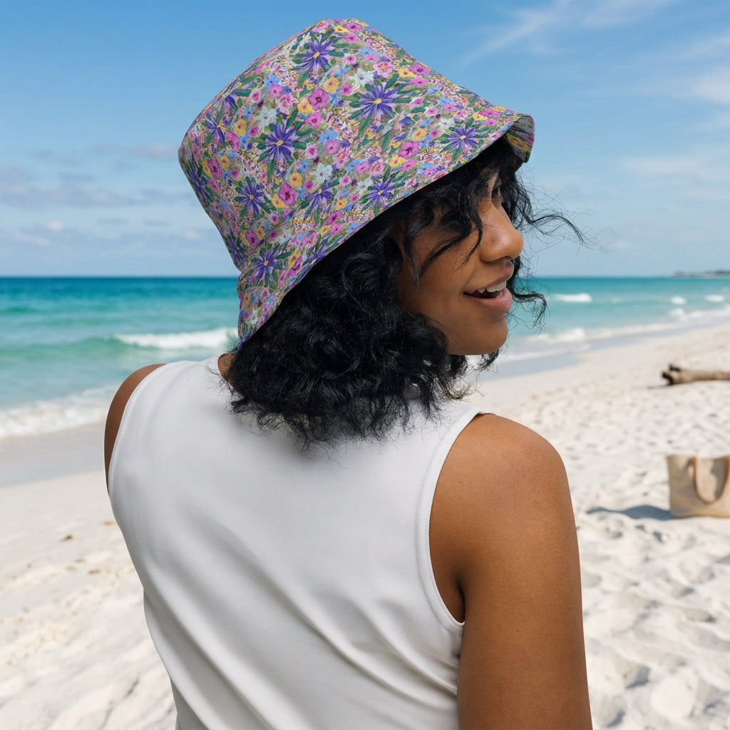 Floral art reversible bucket hat featuring a colourful flower design by Pure Art Moments