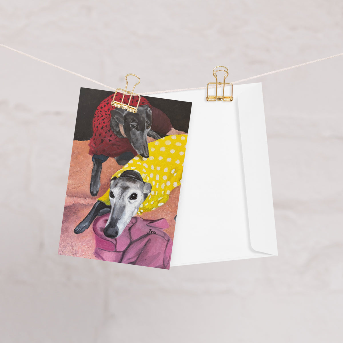 Greyhound greeting card displayed with its complimentary envelope