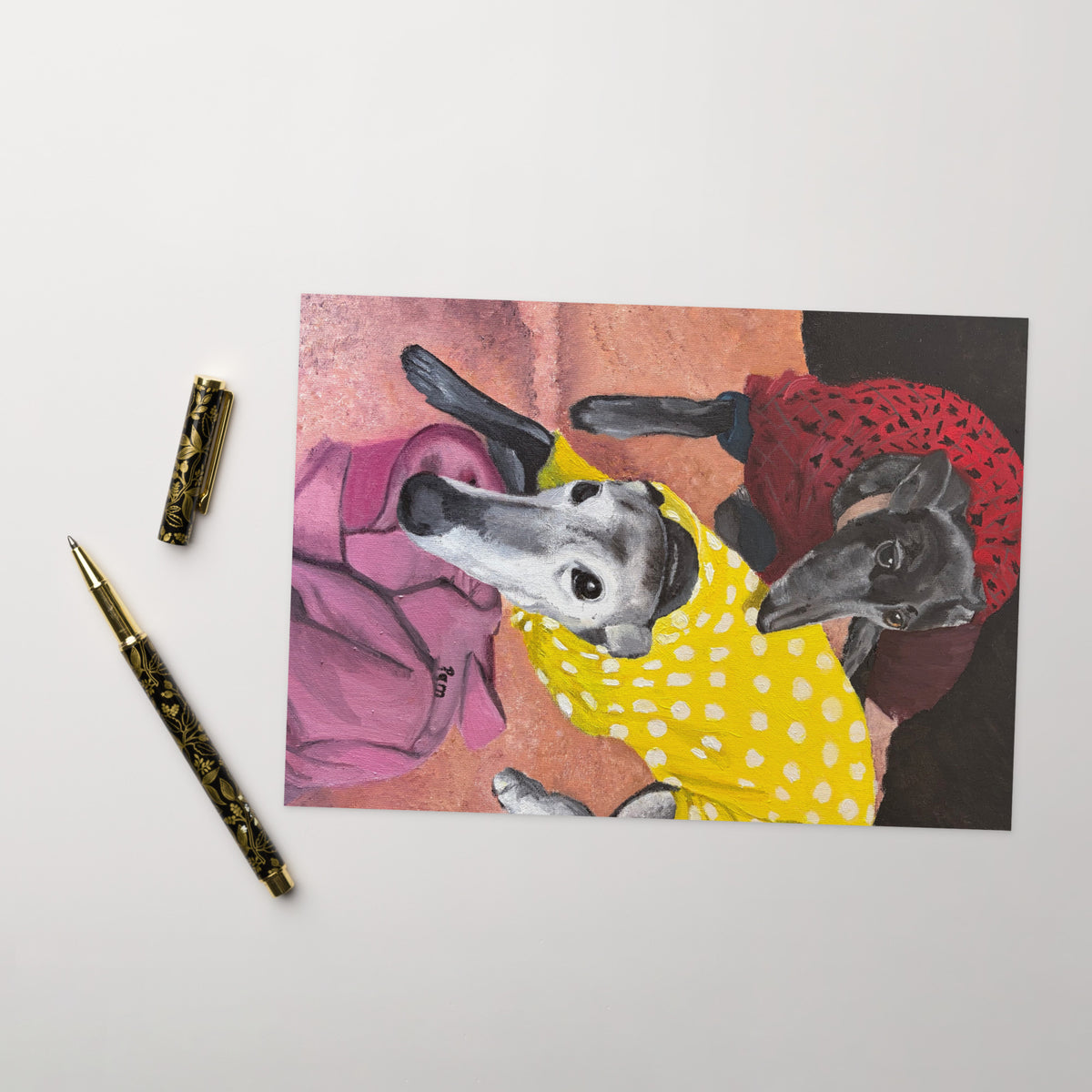 Greyhound art greeting card shown as a thoughtful gift for dog lovers