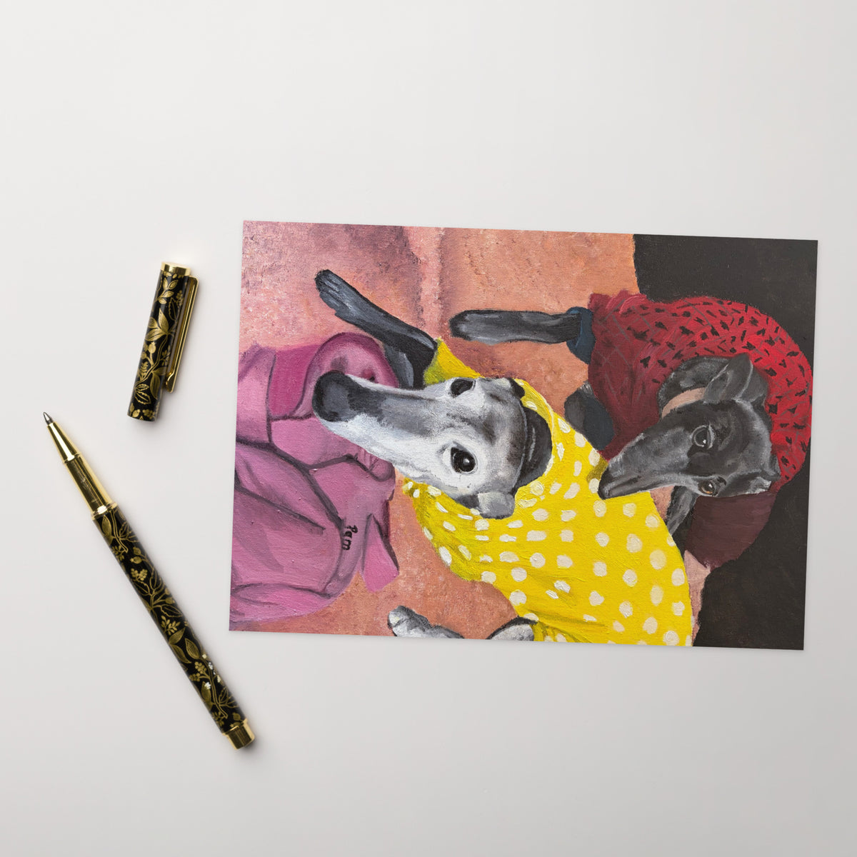 Greyhound art greeting card shown as a thoughtful gift for dog lovers