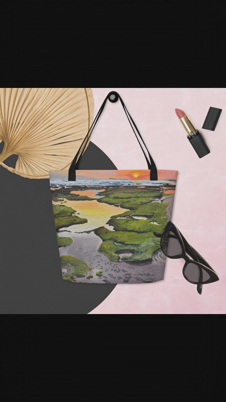 Product demonstration for All-Over Beach Sunset Print Large Tote Bag Original Art Print Women