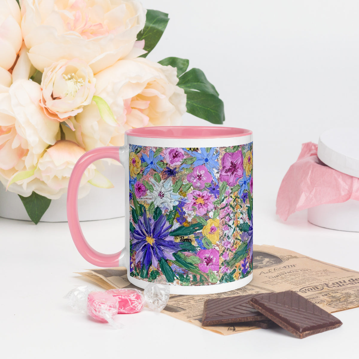 Floral art print ceramic mug with a colourful interior by Pure Art Moments 11oz